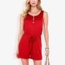 Red Medium Sleeveless Button Front Drawstring Romper With Pockets