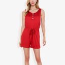 Red Medium Sleeveless Button Front Drawstring Romper With Pockets