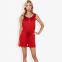 Red Medium Sleeveless Button Front Drawstring Romper With Pockets