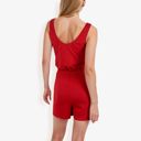 Red Medium Sleeveless Button Front Drawstring Romper With Pockets