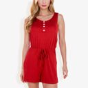 Red Medium Sleeveless Button Front Drawstring Romper With Pockets