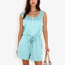 Blue Large Sleeveless Button Front Drawstring Romper With Pockets