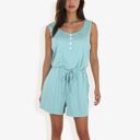 Blue Large Sleeveless Button Front Drawstring Romper With Pockets