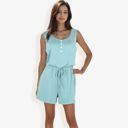 Blue Large Sleeveless Button Front Drawstring Romper With Pockets