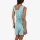 Blue Large Sleeveless Button Front Drawstring Romper With Pockets