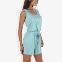 Blue Large Sleeveless Button Front Drawstring Romper With Pockets