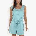 Blue Large Sleeveless Button Front Drawstring Romper With Pockets