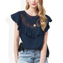 Blue Large Sleeveless Shirt with Lace Pattern and Relaxed Fit