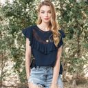 Blue Small Sleeveless Shirt with Lace Pattern and Relaxed Fit