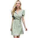 Green Large Puff Sleeve Wrap Dress