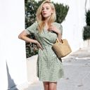 Green Large Puff Sleeve Wrap Dress