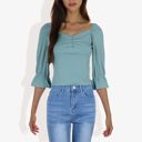 Green Large Square Neck Ruched Bust 3/4 Sleeve Peplum Top