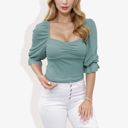 Green Medium Square Neck Ruched Bust 3/4 Sleeve Peplum Top