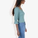 Green Medium Square Neck Ruched Bust 3/4 Sleeve Peplum Top