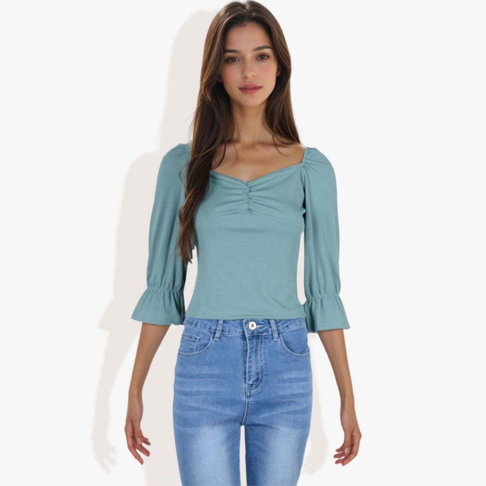 Square Neck Ruched Bust 3/4 Sleeve Peplum Top