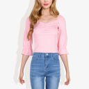 Pink Large Square Neck Ruched Bust 3/4 Sleeve Peplum Top