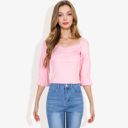 Pink Large Square Neck Ruched Bust 3/4 Sleeve Peplum Top