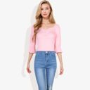 Pink Large Square Neck Ruched Bust 3/4 Sleeve Peplum Top