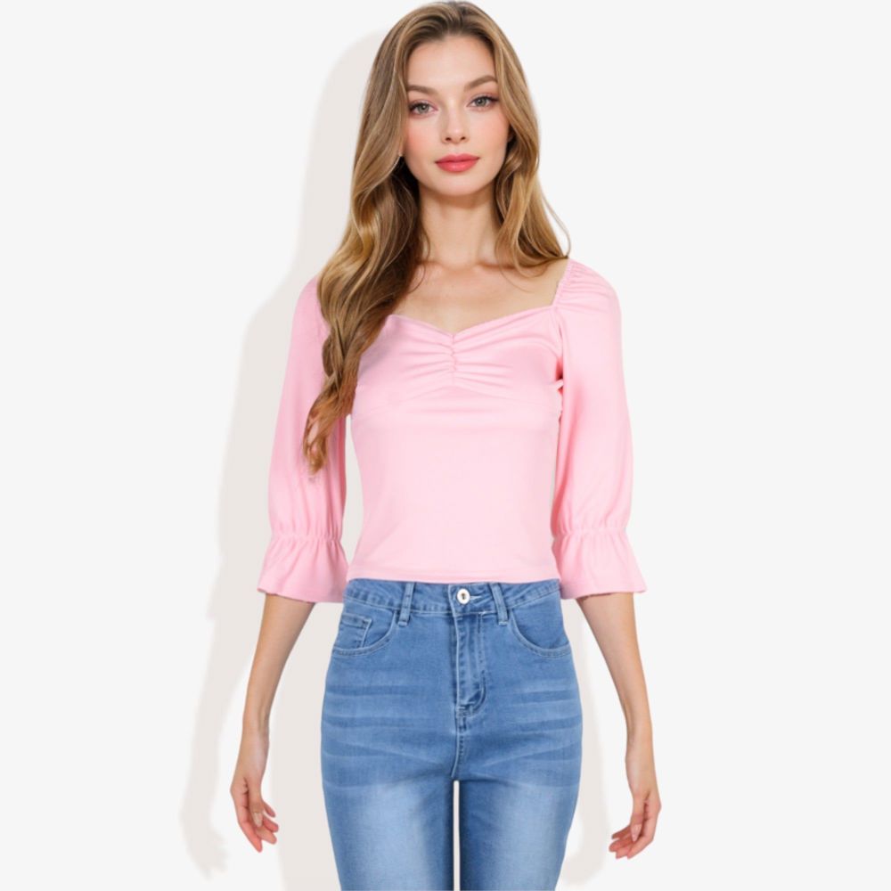 Square Neck Ruched Bust 3/4 Sleeve Peplum Top