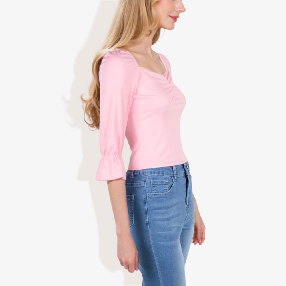 Square Neck Ruched Bust 3/4 Sleeve Peplum Top