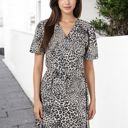  V-Neck Leopard Print Midi Dress with Short Sleeves and Waist Tie