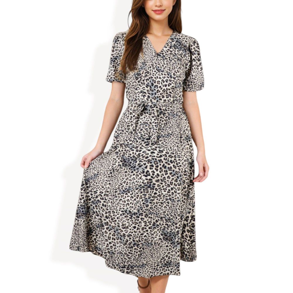 V-Neck Leopard Print Midi Dress with Short Sleeves and Waist Tie