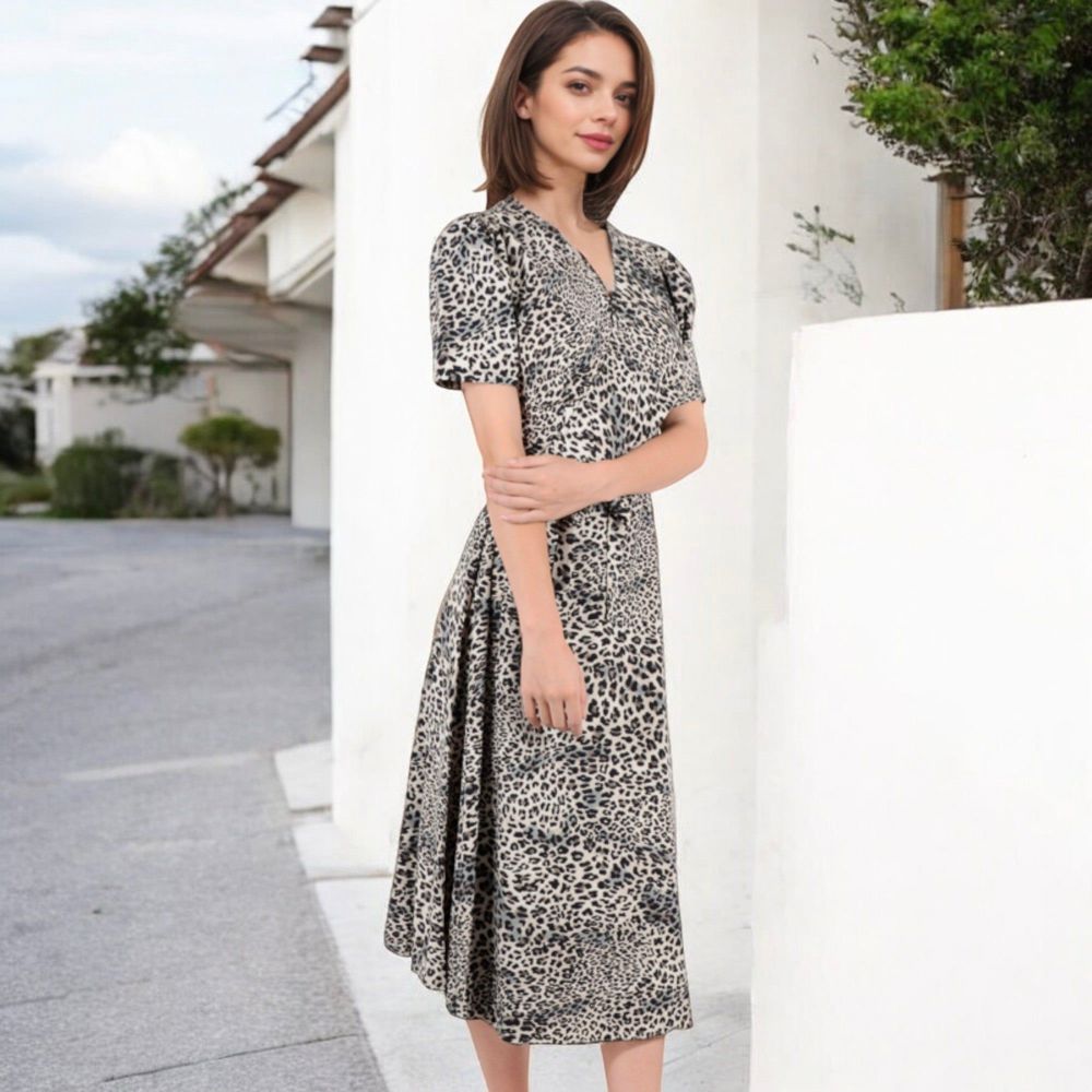 V-Neck Leopard Print Midi Dress with Short Sleeves and Waist Tie