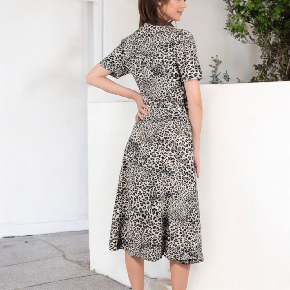 V-Neck Leopard Print Midi Dress with Short Sleeves and Waist Tie