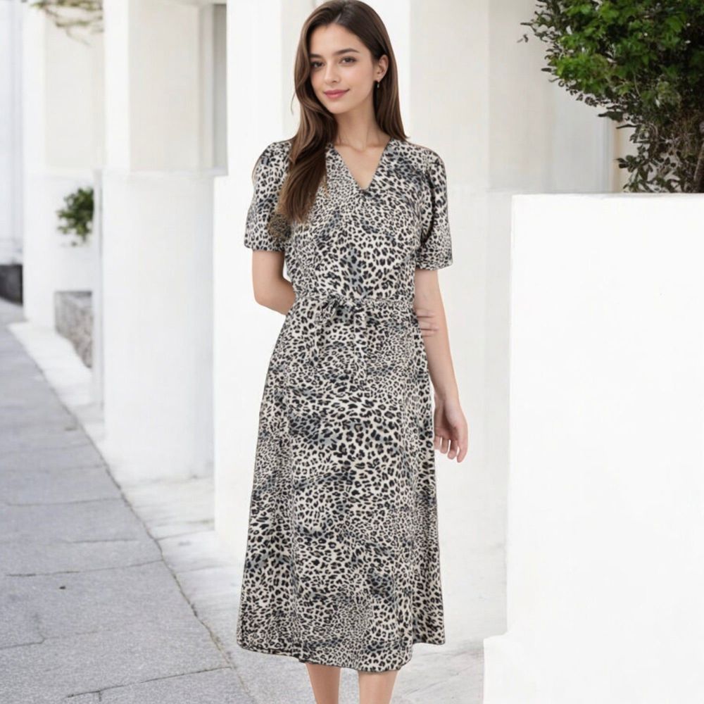 V-Neck Leopard Print Midi Dress with Short Sleeves and Waist Tie