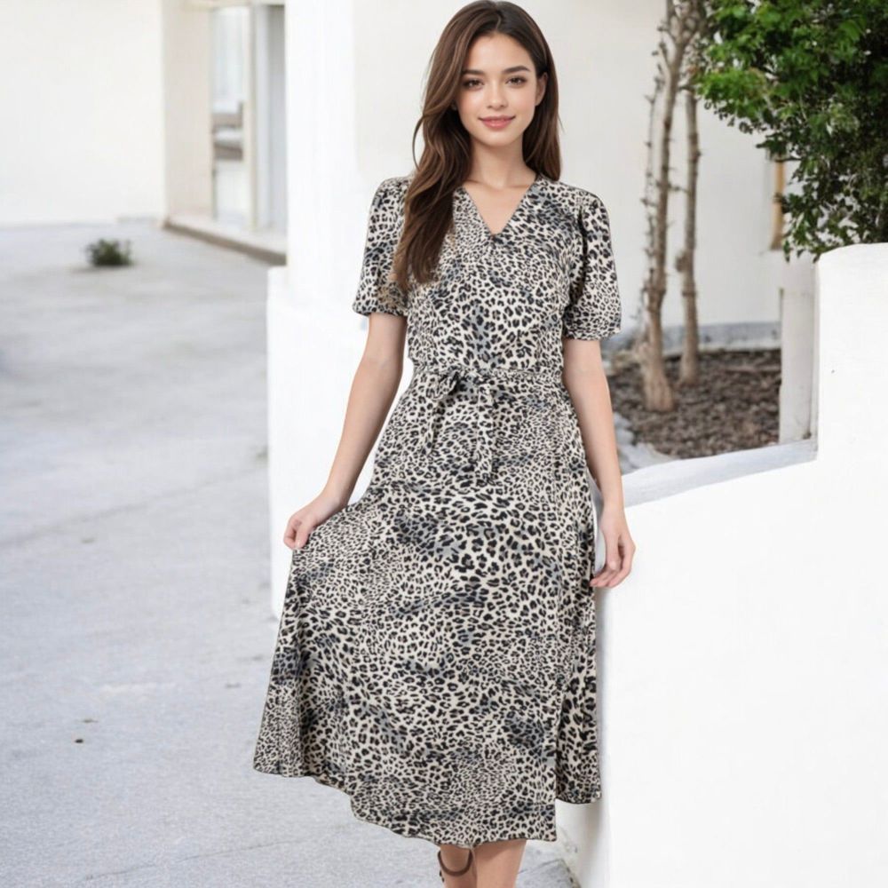 V-Neck Leopard Print Midi Dress with Short Sleeves and Waist Tie