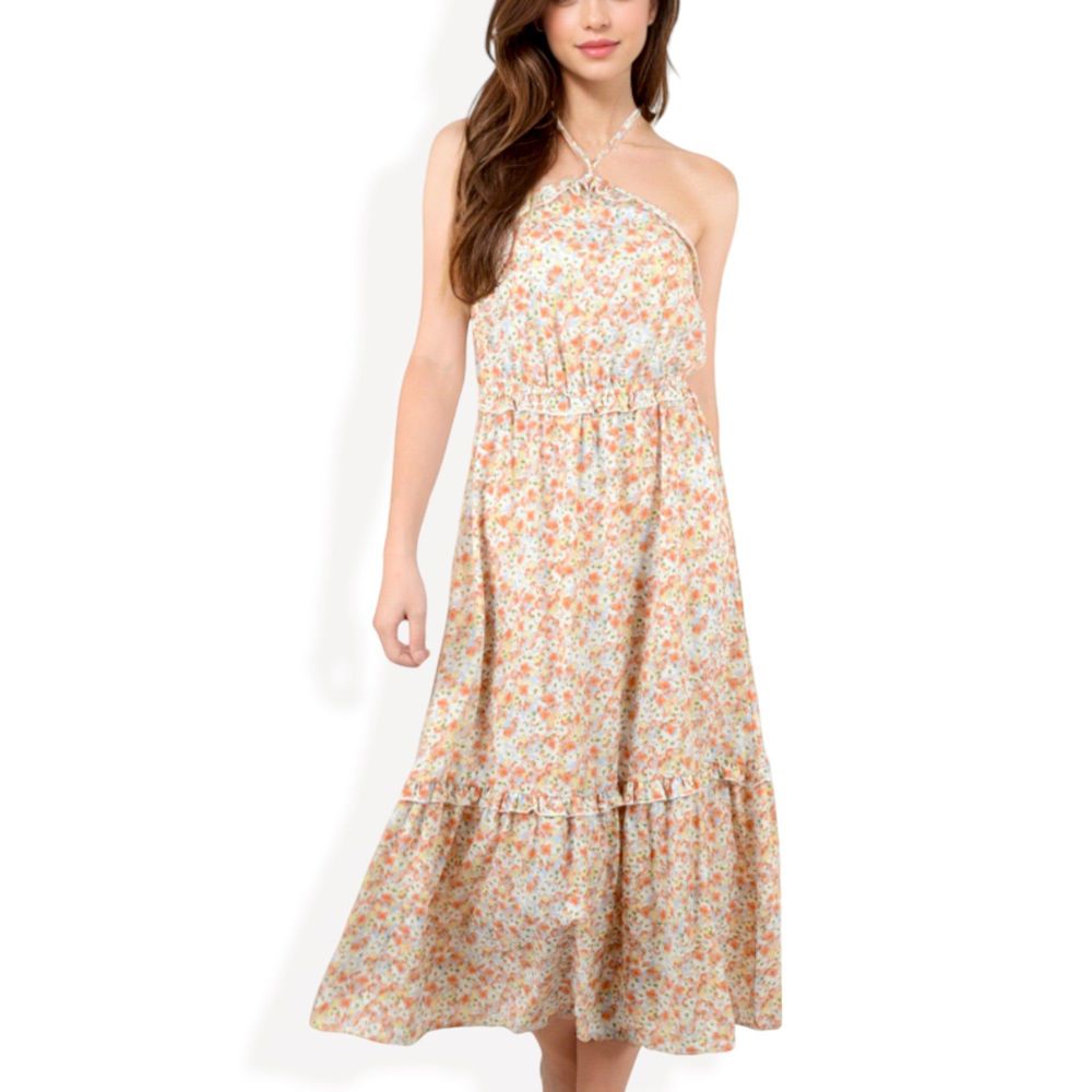 Floral Print Halter Maxi Dress with Tiered Skirt and Elastic Waist