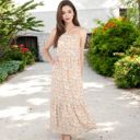 Beige Large Floral Print Halter Maxi Dress with Tiered Skirt and Elastic Waist