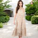 Beige Medium Floral Print Halter Maxi Dress with Tiered Skirt and Elastic Waist