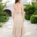 Beige Medium Floral Print Halter Maxi Dress with Tiered Skirt and Elastic Waist