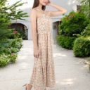 Beige Medium Floral Print Halter Maxi Dress with Tiered Skirt and Elastic Waist