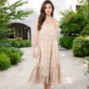 Beige Small Floral Print Halter Maxi Dress with Tiered Skirt and Elastic Waist