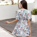 White Large Floral Print Dress with Short Puff Sleeves and A-Line Silhouette