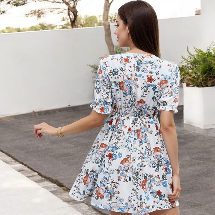 Floral Print Dress with Short Puff Sleeves and A-Line Silhouette