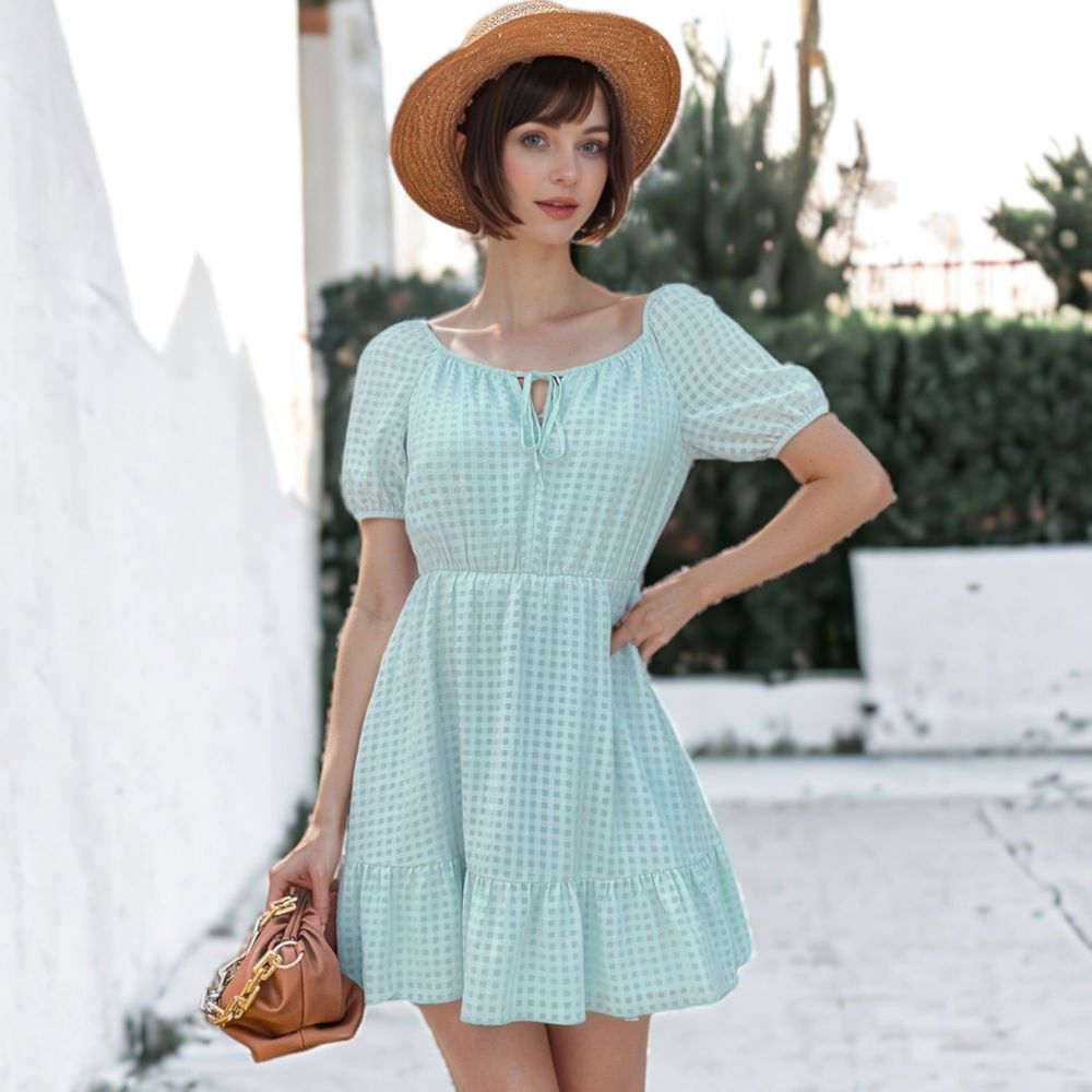 Tie Neck Gingham Print Dress