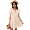 Beige Medium Tie Neck Gingham Print Dress