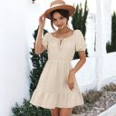 Beige Medium Tie Neck Gingham Print Dress