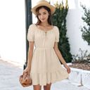 Beige Medium Tie Neck Gingham Print Dress