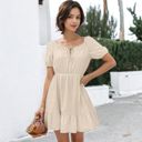 Beige Small Tie Neck Gingham Print Dress