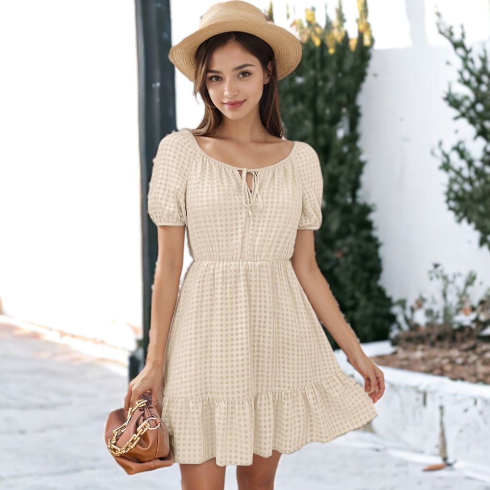 Tie Neck Gingham Print Dress