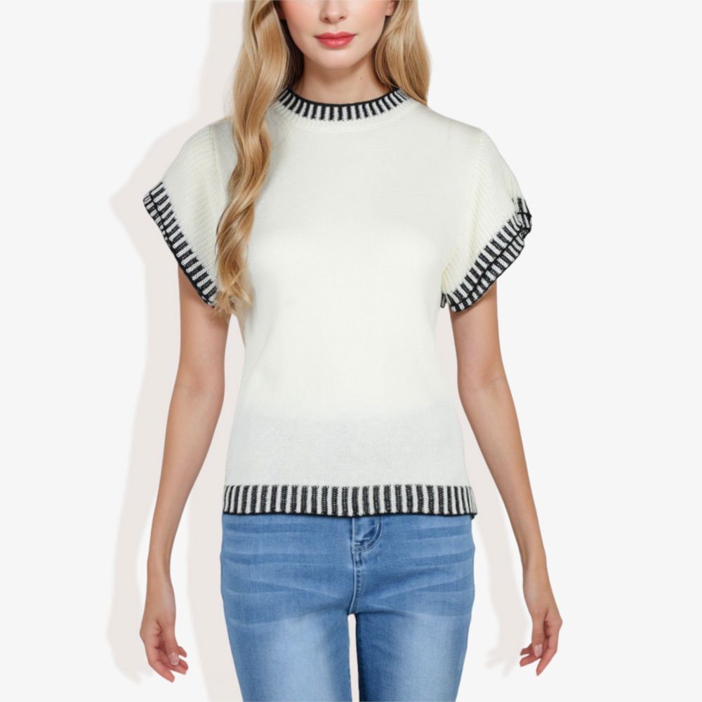 Cap Sleeve Knit Top with Contrast Striped Trim and Crew Neck