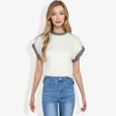  Cap Sleeve Knit Top with Contrast Striped Trim and Crew Neck