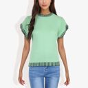 Green Large Cap Sleeve Knit Top with Contrast Striped Trim and Crew Neck