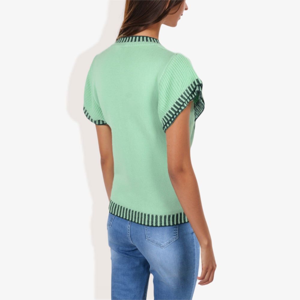 Cap Sleeve Knit Top with Contrast Striped Trim and Crew Neck