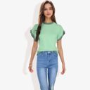 Green Medium Cap Sleeve Knit Top with Contrast Striped Trim and Crew Neck