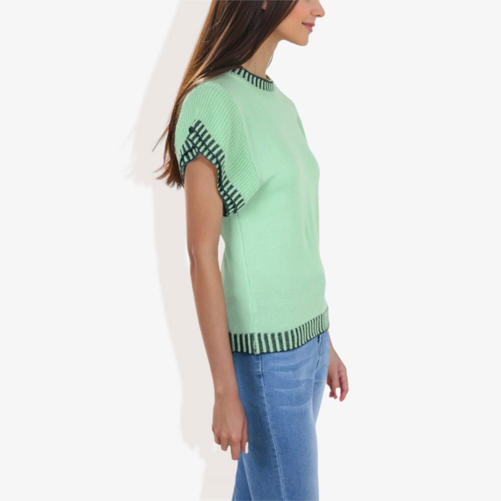 Cap Sleeve Knit Top with Contrast Striped Trim and Crew Neck